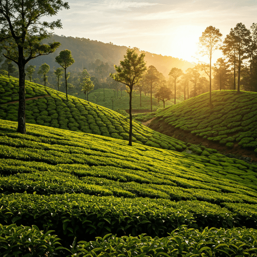 A serene Kerala tea plantation landscape at golden hour, representing a living sanctuary of care.